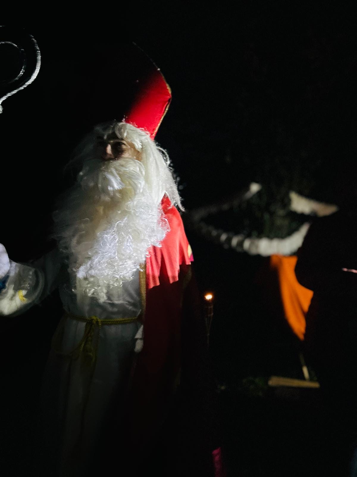 Skupinová fotografia účastníkov podujatia Svätí za dedinou v kostýmoch anjelov, svätcov a iných biblických postáv, nasvietená vonkajšími svetielkami, urobená v noci pod holým nebom.